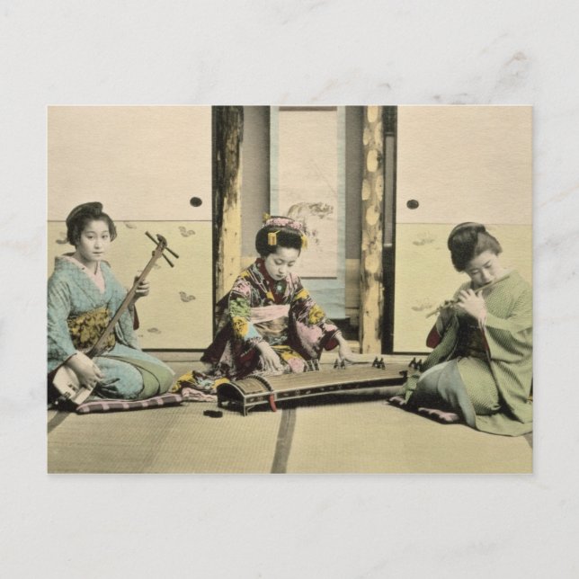 Japanska flickor som spelar flöjt, koto och samis vykort (Framsida)