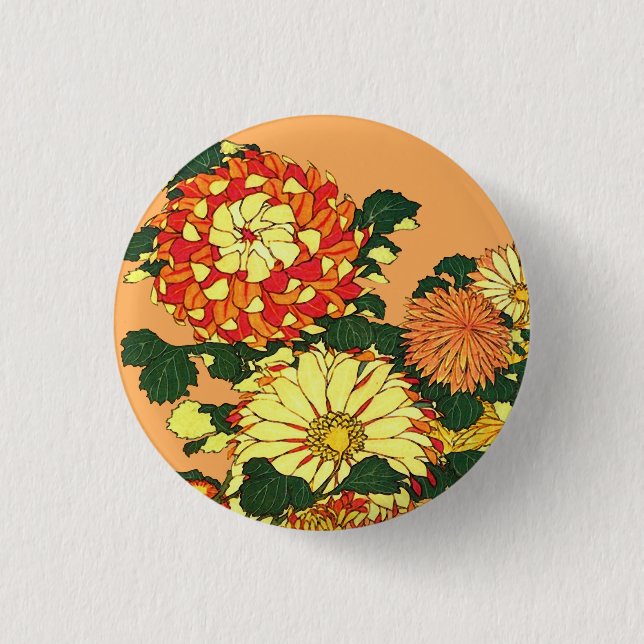Japanska Flower Gräns, Mandarin Orange och Guld Knapp (Framsida)