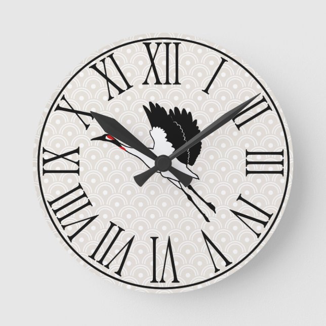 Japanska flygande Crane & Taupe Scallops Rund Klocka (Framsida)