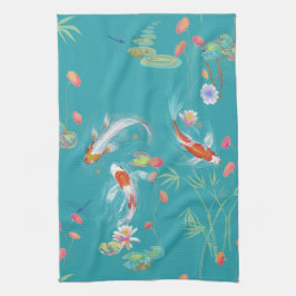 Japanska Garden Koi Pond i Teal Kitchen Towel Kökshandduk