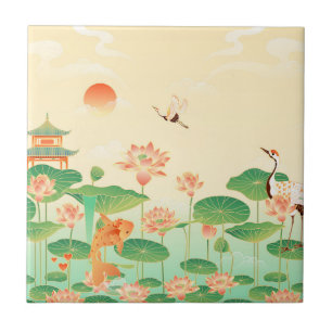 Japanska Garden Koi Pond och Waterlilies Art Kakelplatta