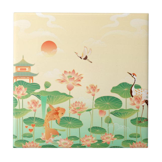 Japanska Garden Koi Pond och Waterlilies Art Kakelplatta (Framsidan)