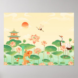 Japanska Garden Koi Pond och Waterlilies Art Poster