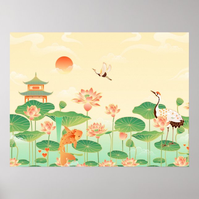 Japanska Garden Koi Pond och Waterlilies Art Poster (Framsidan)