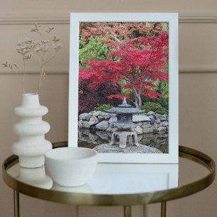Japanska Garden Lantern och Red Maple Löv Fototryck