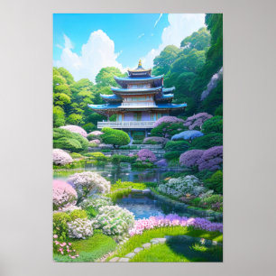 Japanska Garden med Temple Poster