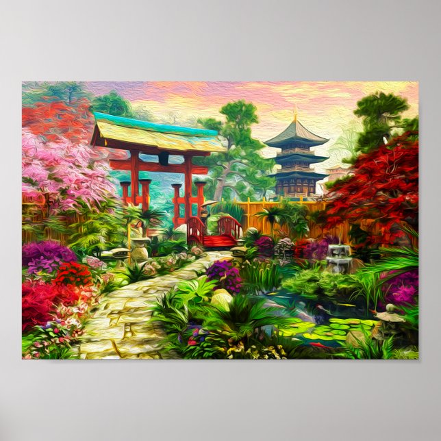 Japanska Garden Pagoda Sakura och Waterfall Poster (Framsidan)
