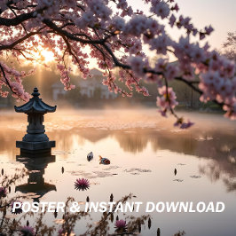 Japanska Garden Pond med Cherry Blommar Träd Poster