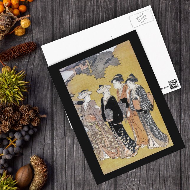 Japanska Geisha Dam vykort (Group vintage Japanese Geisha women traditional clothing on tan with black border postcard.)
