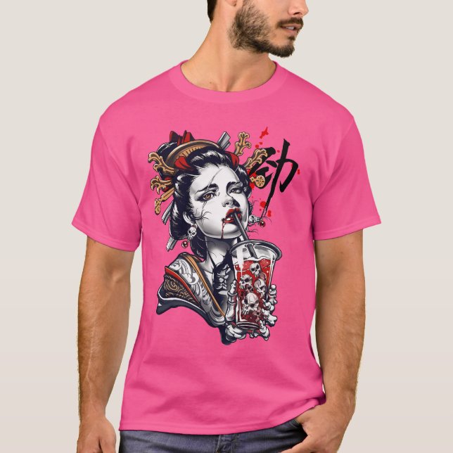 Japanska Geisha Girl Vaporwave Cyberpunk Popart Ur T Shirt (Framsida)