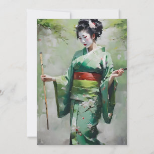 Japanska Geisha i Grönt B Porträtt Julkort