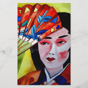 japanska Geisha med fläkt originalkonstmålning Brevpapper