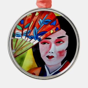 japanska Geisha med fläkt originalkonstmålning Julgransprydnad Metall