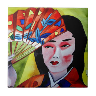 japanska Geisha med fläkt originalkonstmålning Kakelplatta