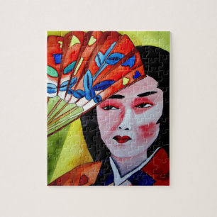 japanska Geisha med fläkt originalkonstmålning Pussel