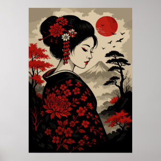 Japanska Geisha med Röda blommor och Mount Fuji Poster