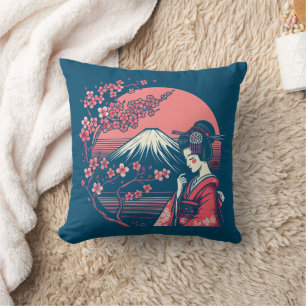 Japanska Geisha Mount Fuji Cherry Blommar Träd Kudde