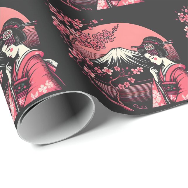 Japanska Geisha Mount Fuji Cherry Blommar Träd Presentpapper (Rullad Hörn)
