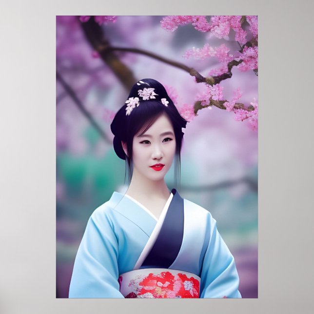 Japanska Geisha Träd AI Skapat Photo Stil Poster (Framsidan)