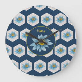 Japanska Geometric Lily Flower Mönster Monogram Stor Klocka