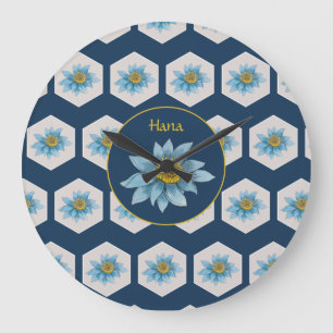Japanska Geometric Lily Flower Mönster Monogram Stor Klocka