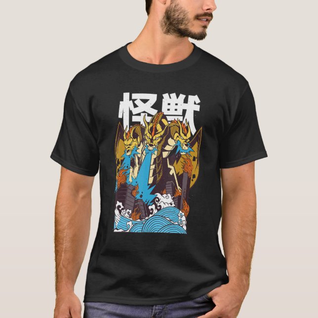 Japanska Kanji Dragon förstör brännskador City Des T Shirt (Framsida)