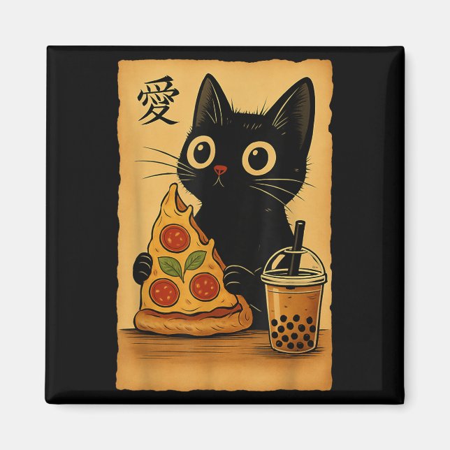 Japanska Kawaii Anime Cat Zza A Tea Cat Eating Zza Magnet (Framsidan)
