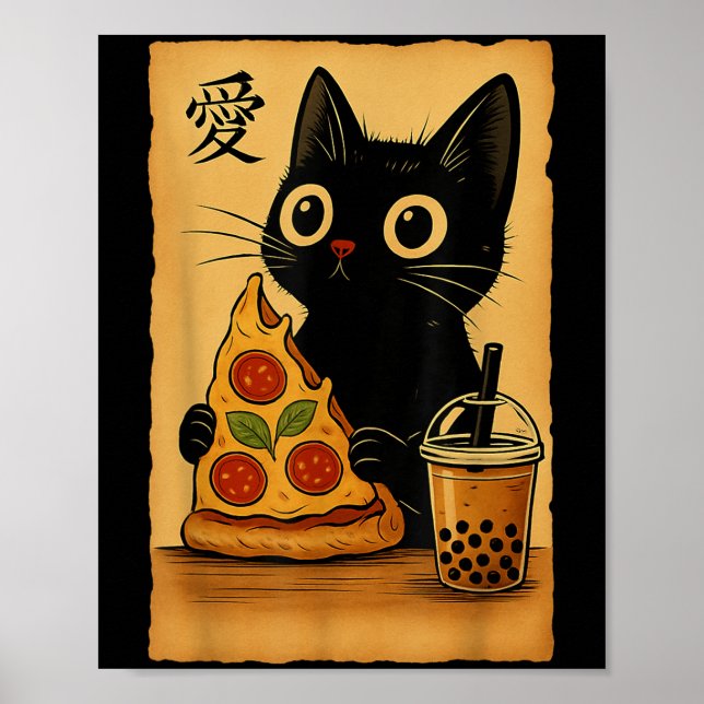 Japanska Kawaii Anime Cat Zza A Tea Cat Eating Zza Poster (Framsidan)