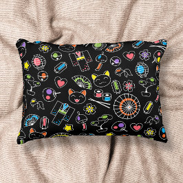 Japanska Kawaii Culture Doodles på Black Prydnadskudde