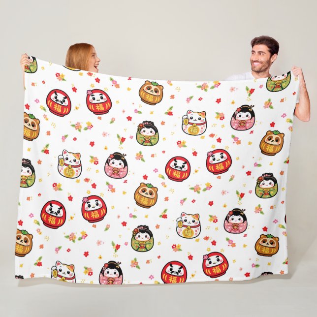 Japanska Kawaii Daruma Kokeshi-dockor Fleecefilt (På plats)