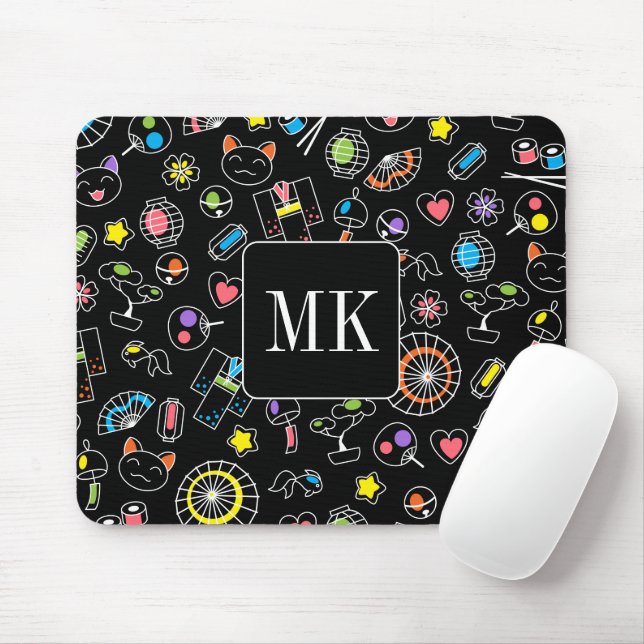 Japanska Kawaii Doodles på Black Monogram Initiale Musmatta (Med mus)