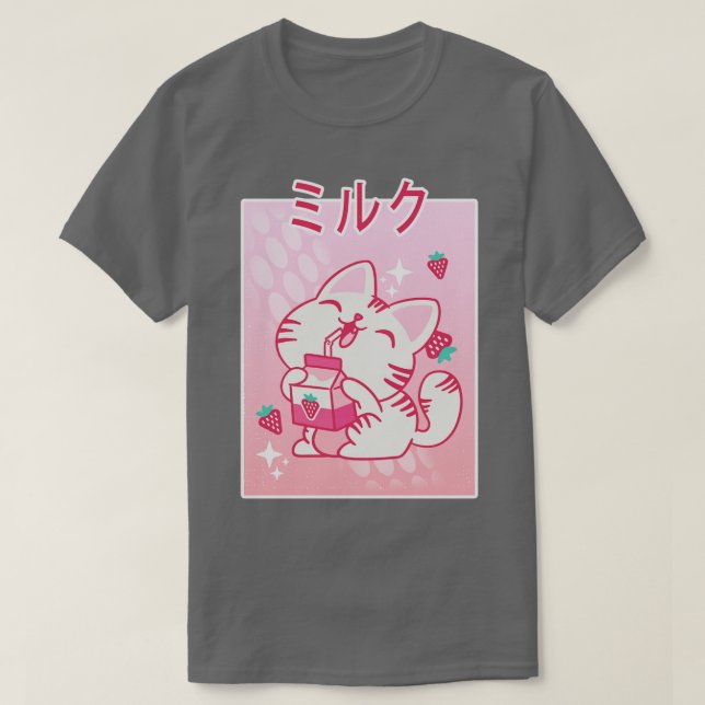 Japanska Kawaii Kitten Strawberry Mjölk Otaku Mang T Shirt (Design framsida)