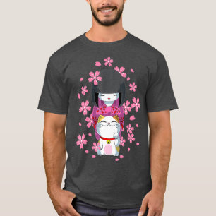 Japanska Kawaii Kokeshi Doll i Kimono och Lucky T Shirt