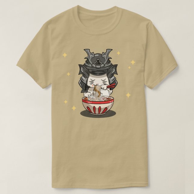 Japanska Kawaii Samurai Neko Cat Kitten Ramen Nood T Shirt (Design framsida)