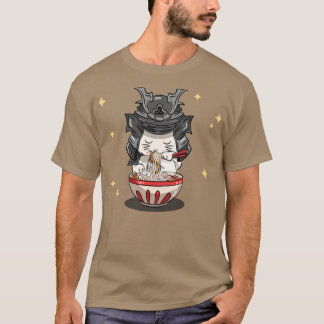 Japanska Kawaii Samurai Neko Cat Kitten Ramen Nood T Shirt
