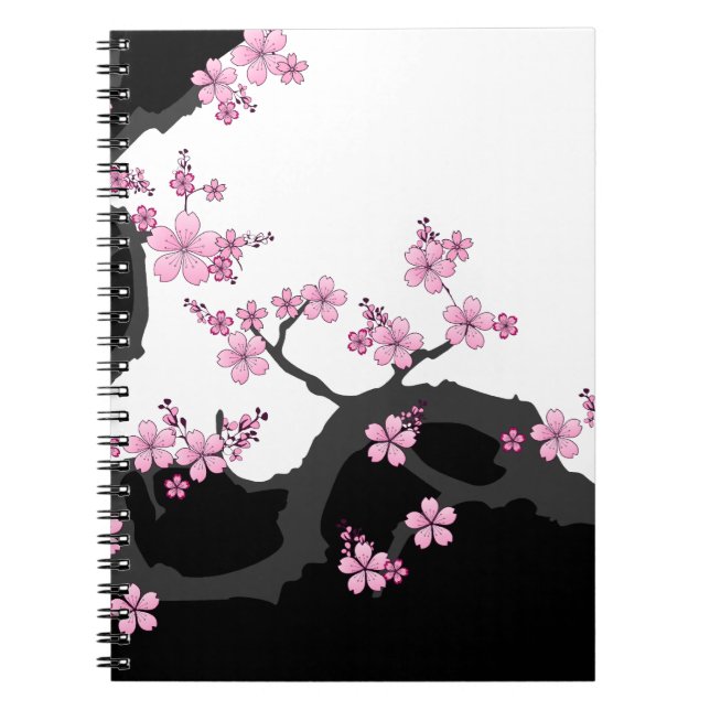 Japanska Kimono Black and White Rosa Sakura Anteckningsbok (Framsidan)