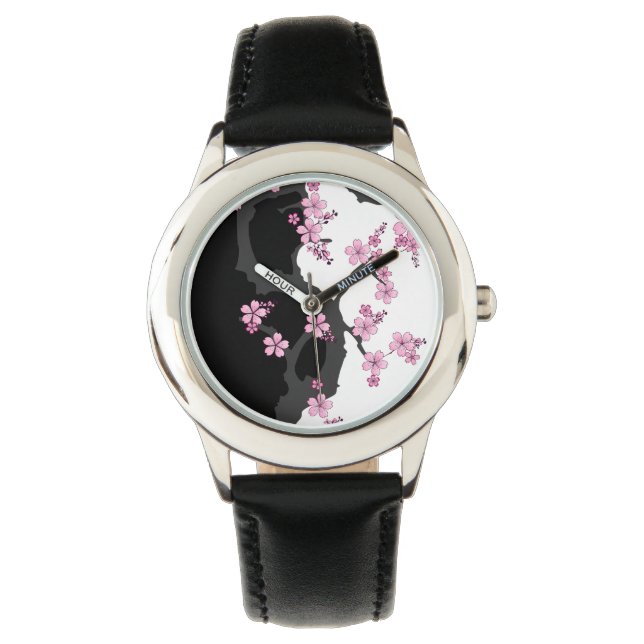 Japanska Kimono Black and White Rosa Sakura Armbandsur (Framsida)