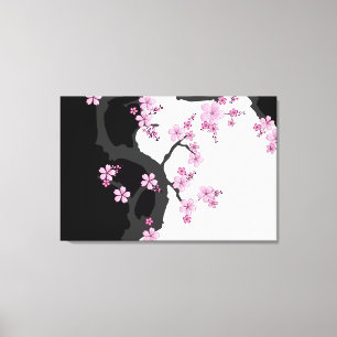 Japanska Kimono Black and White Rosa Sakura Canvastryck