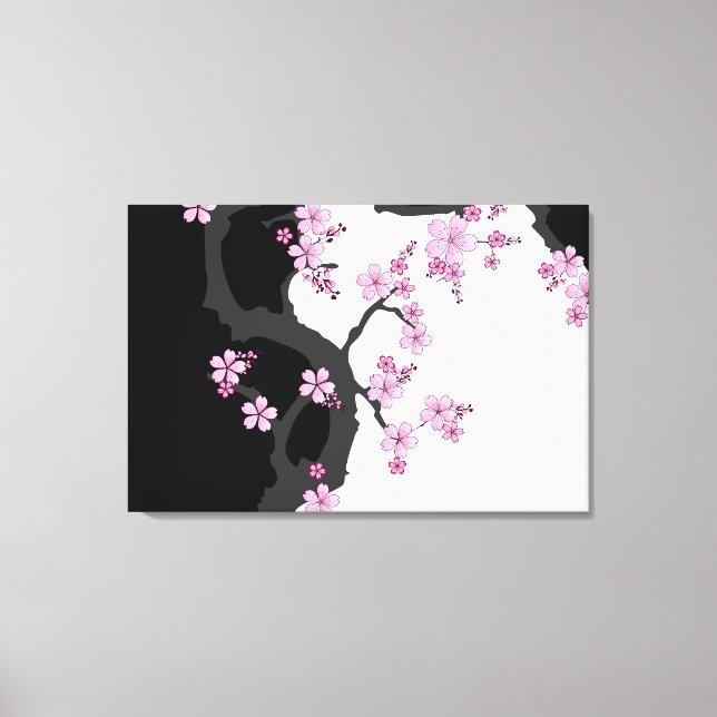 Japanska Kimono Black and White Rosa Sakura Canvastryck (Framsida)