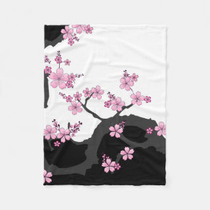 Japanska Kimono Black and White Rosa Sakura Fleecefilt