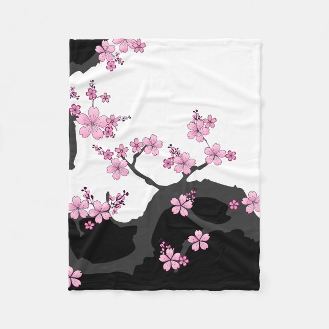 Japanska Kimono Black and White Rosa Sakura Fleecefilt (Framsidan)