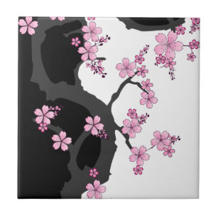 Japanska Kimono Black and White Rosa Sakura Kakelplatta
