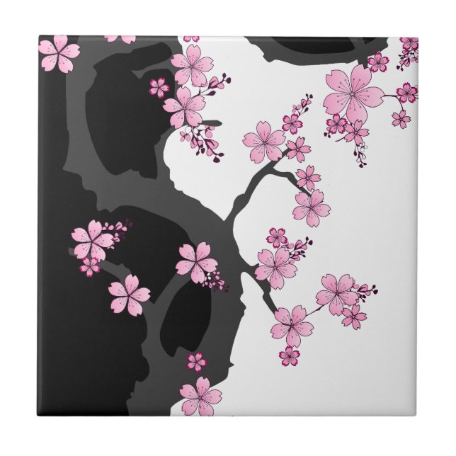 Japanska Kimono Black and White Rosa Sakura Kakelplatta (Framsidan)