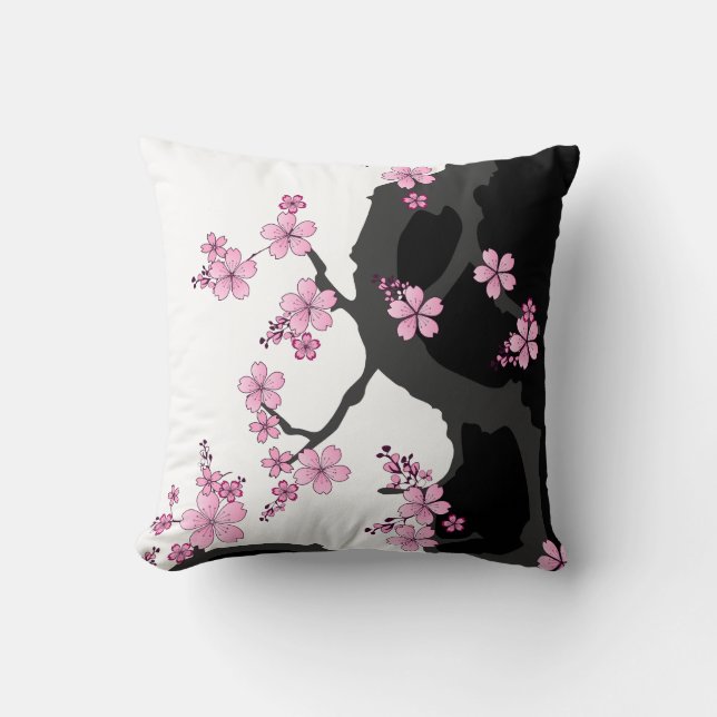 Japanska Kimono Black and White Rosa Sakura Kudde (Framsida)