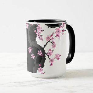 Japanska Kimono Black and White Rosa Sakura Mugg