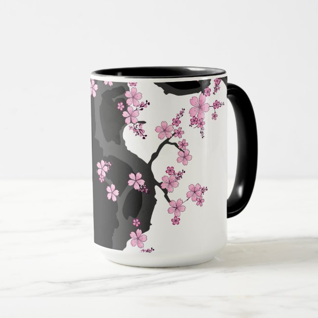 Japanska Kimono Black and White Rosa Sakura Mugg (Framsida höger)