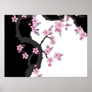Japanska Kimono Black and White Rosa Sakura Poster