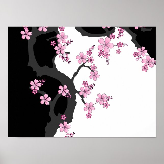 Japanska Kimono Black and White Rosa Sakura Poster (Framsidan)