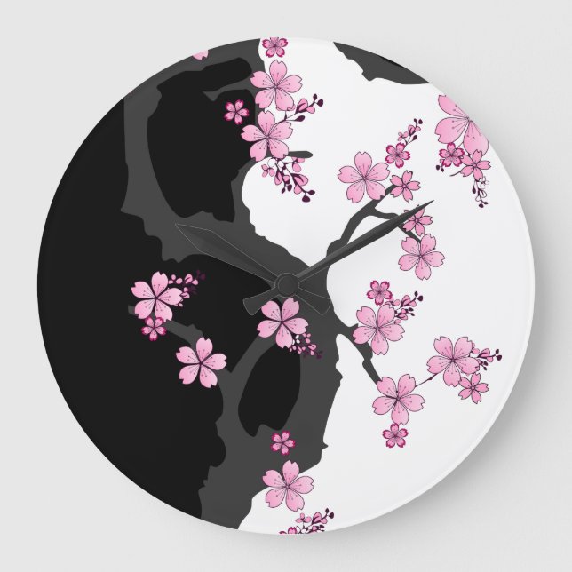 Japanska Kimono Black and White Rosa Sakura Stor Klocka (Framsida)