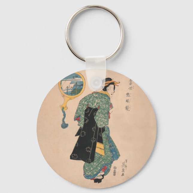 Japanska Kimono Woman Courtesan Artwork Nyckelring (Framsida)